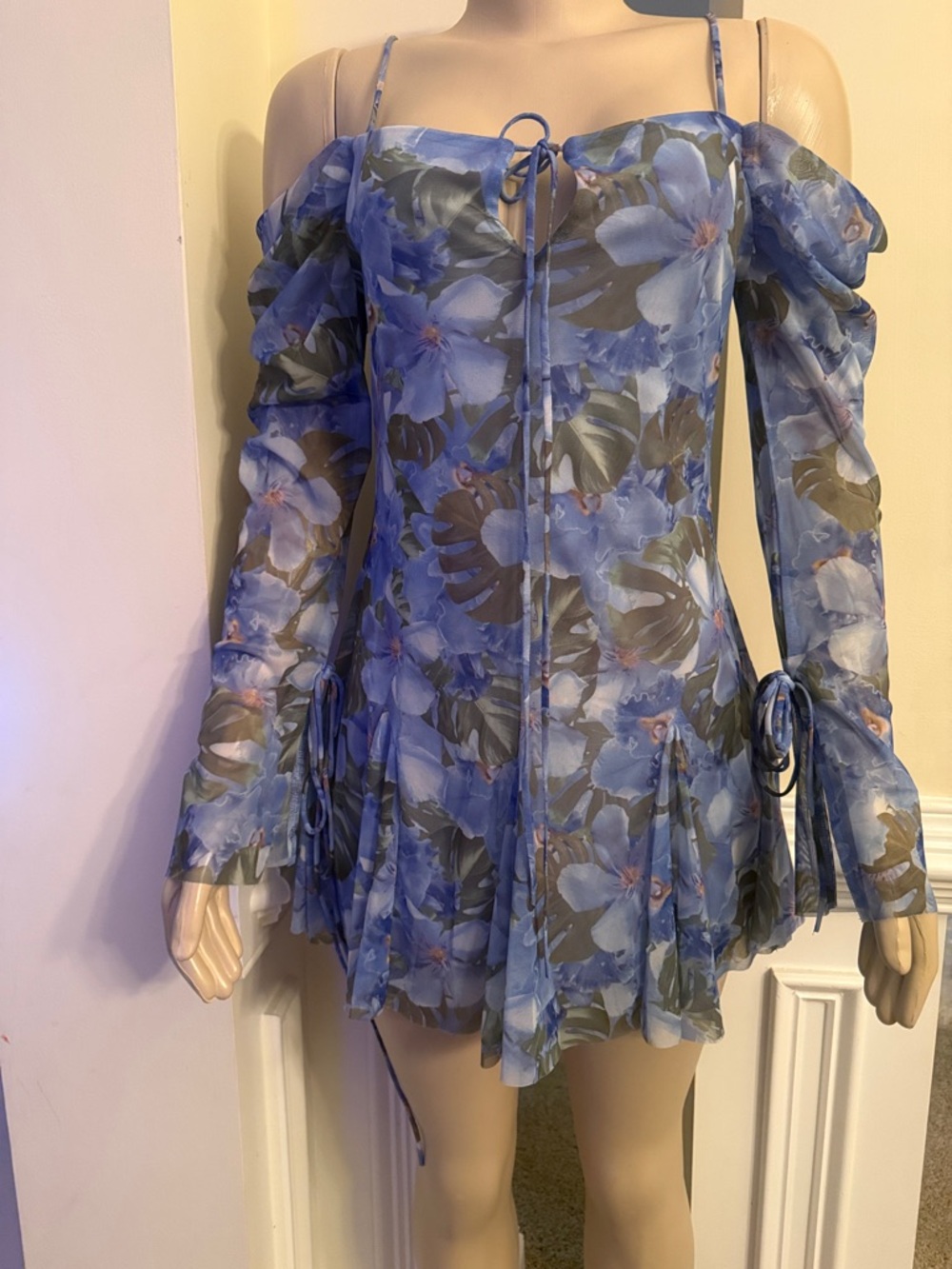 Zara Blue Floral Off-Shoulder Mini Dress with Tie Front